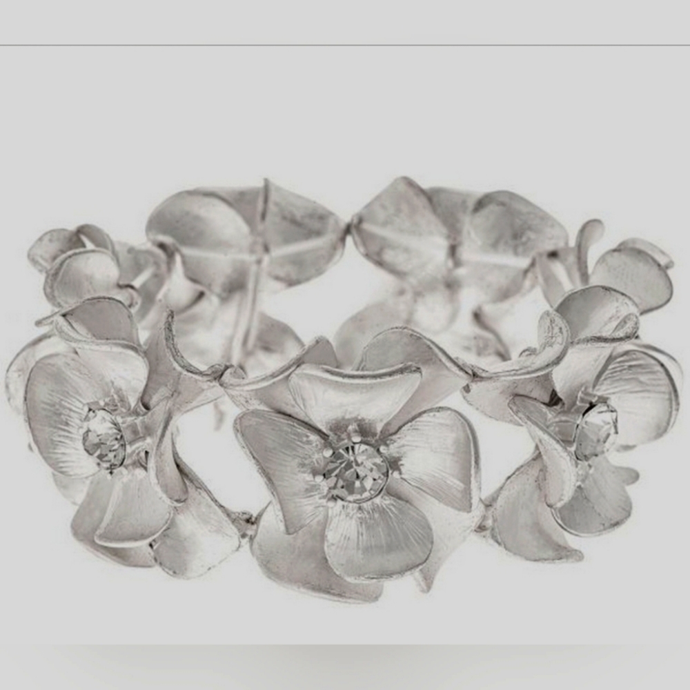 Brushed Satin Silver Tone Diamante Wide Flower Rhinestone Floral Bracelet